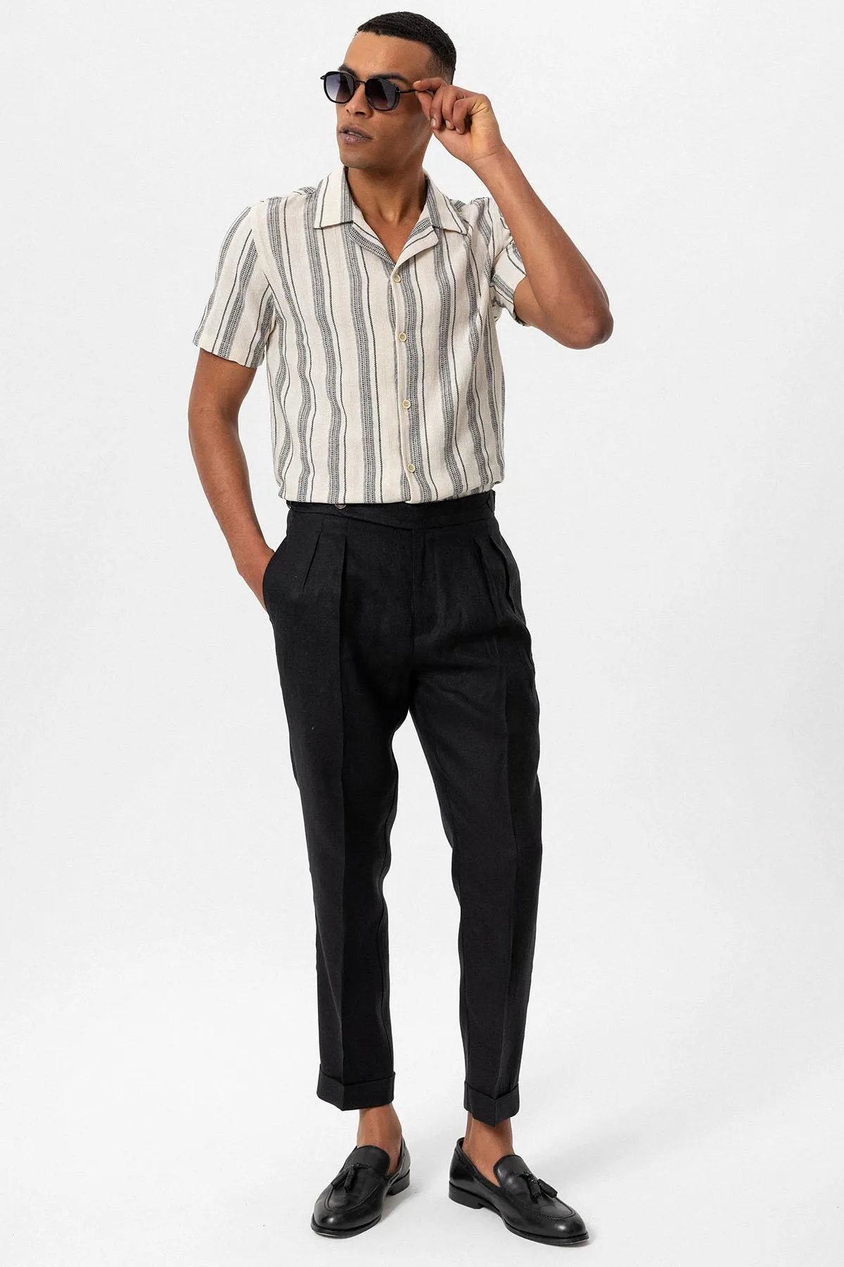 Black Camp Collar Striped Short Sleeve Men's Shirt - Wessi sold by Wessi product image thumbnail 2