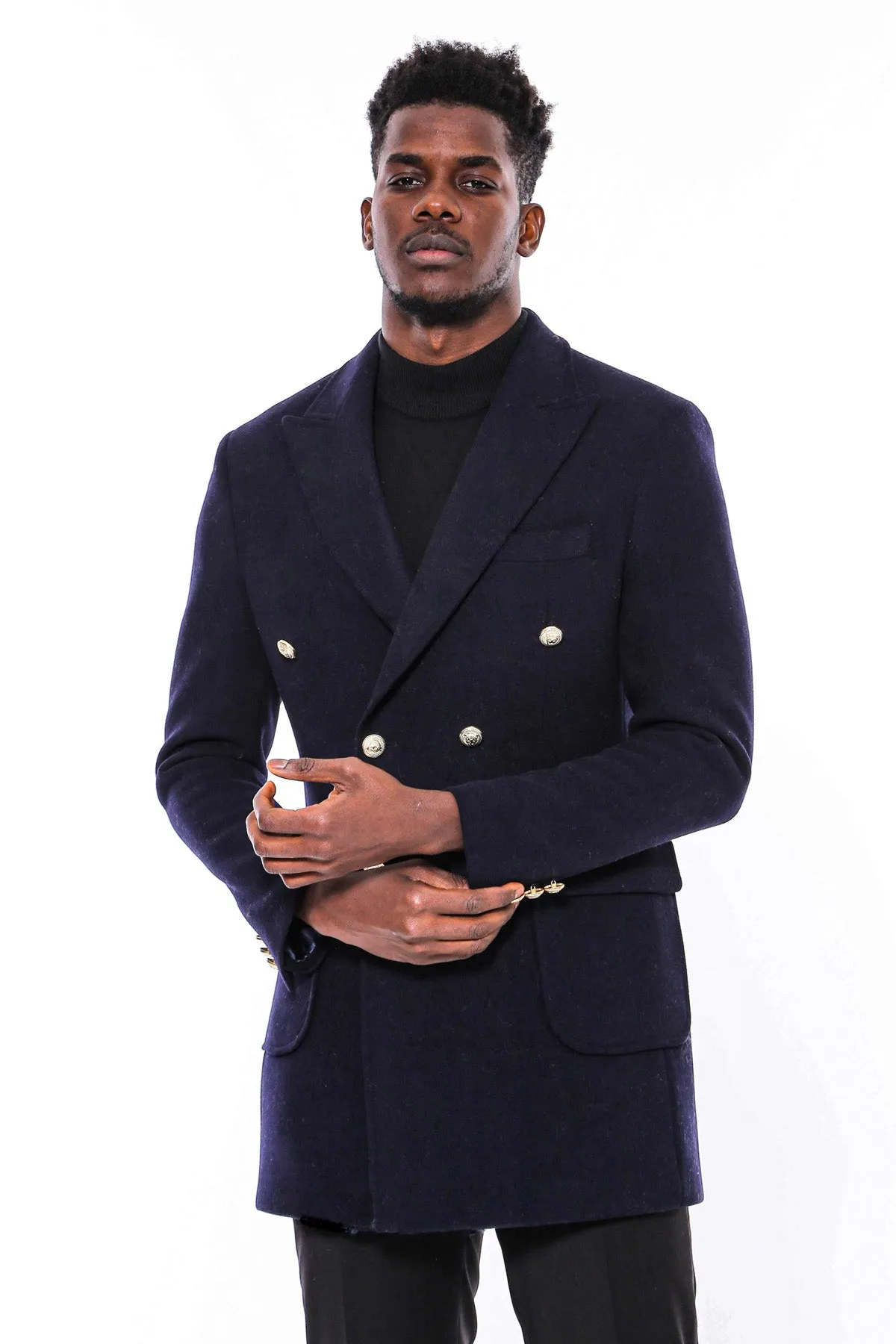 Navy Blue Metal Buttoned Double Breasted Long Coat - Wessi sold by Wessi product image thumbnail 4