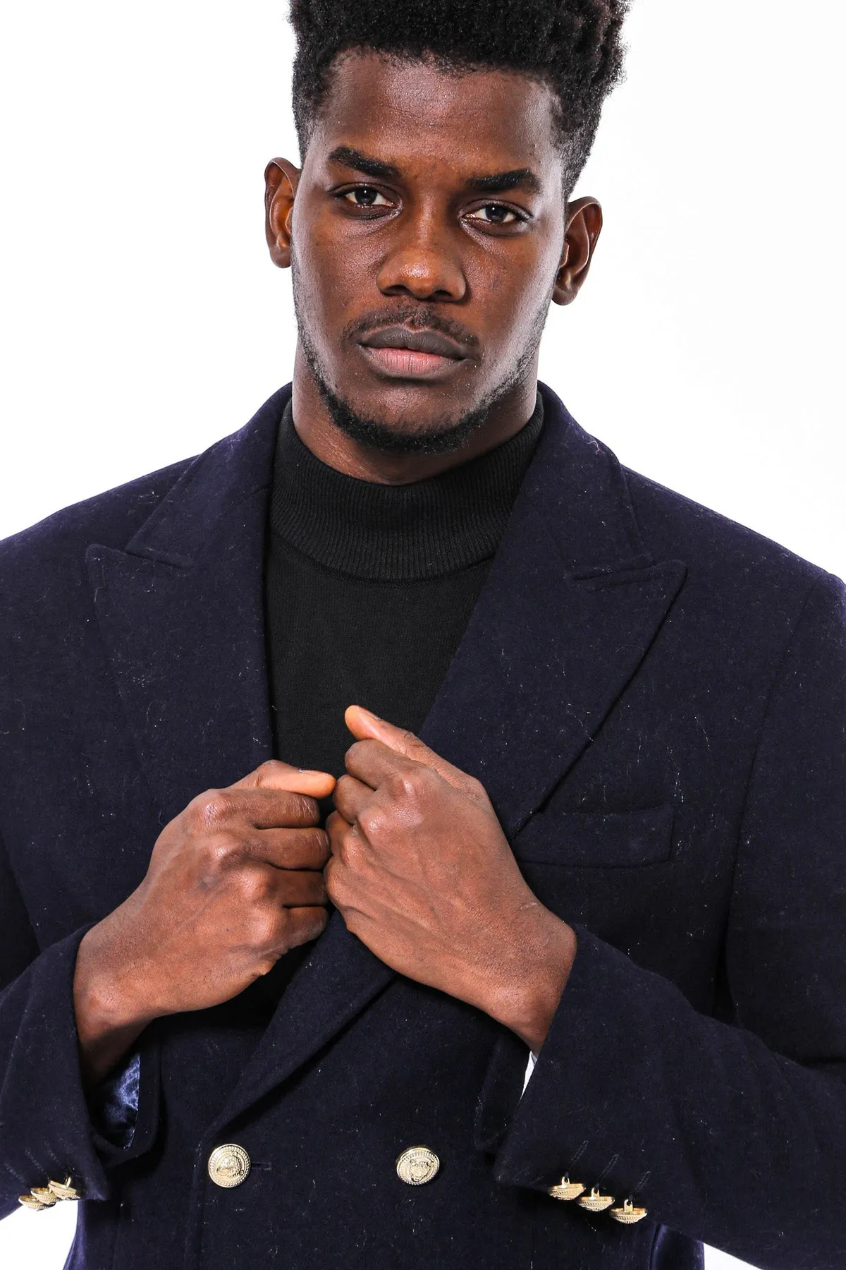 Navy Blue Metal Buttoned Double Breasted Long Coat - Wessi sold by Wessi product image thumbnail 3