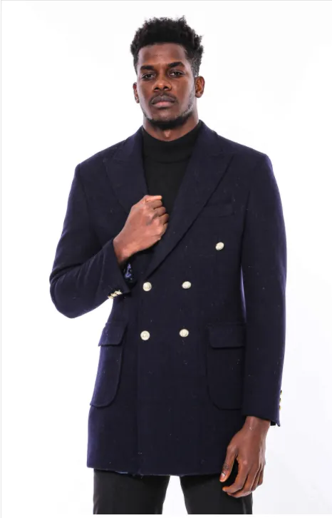 Navy Blue Metal Buttoned Double Breasted Long Coat - Wessi sold by Wessi
