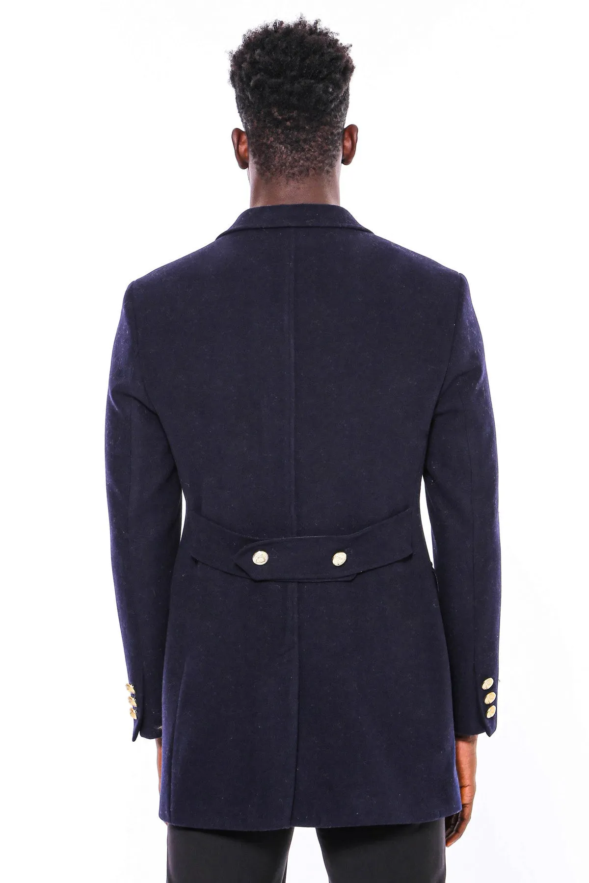 Navy Blue Metal Buttoned Double Breasted Long Coat - Wessi sold by Wessi product image thumbnail 5