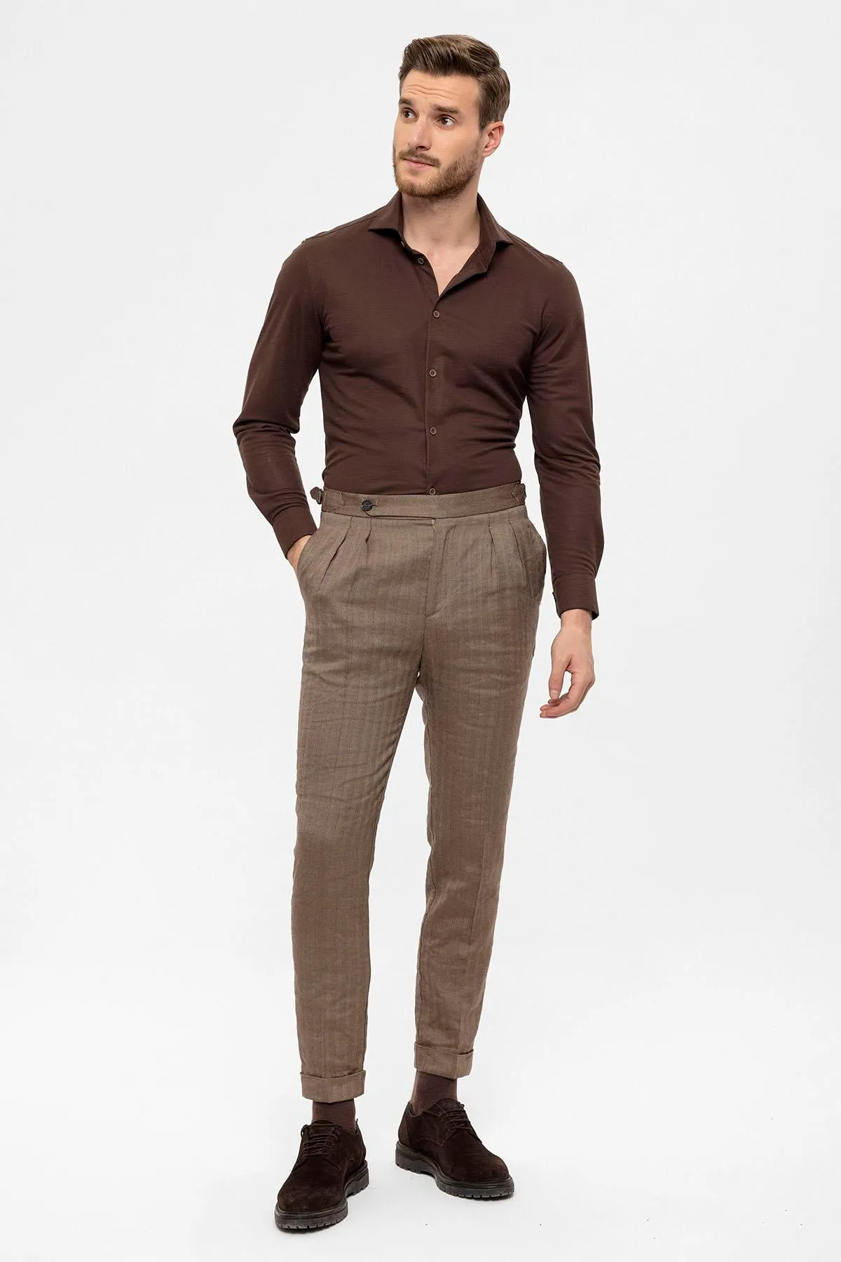 Men's Camel High Waist Double Pleated Trousers - Wessi sold by Wessi