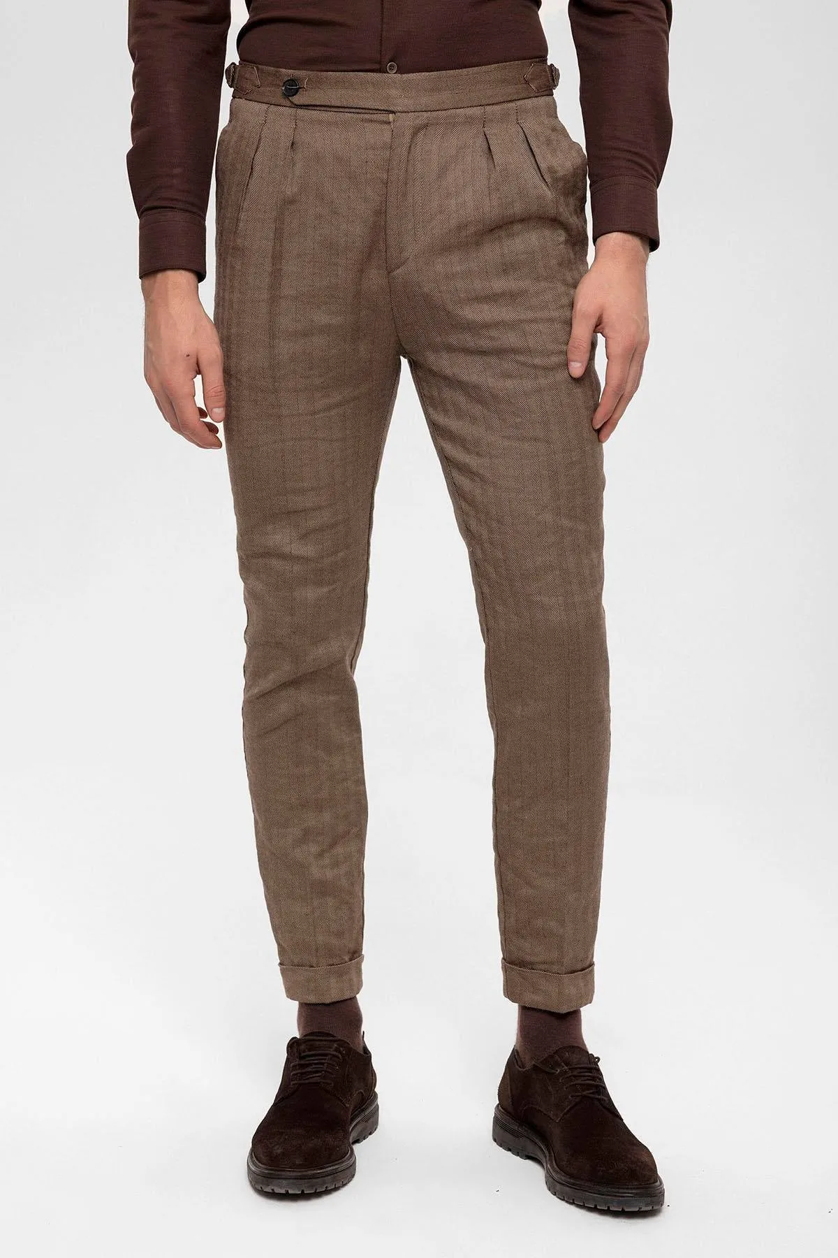 Men's Camel High Waist Double Pleated Trousers - Wessi sold by Wessi product image thumbnail 2