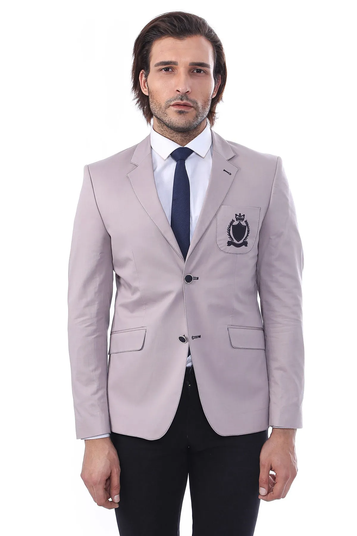 2 Buttons 3 Pockets Crested Cotton Beige Jacket sold by Wessi