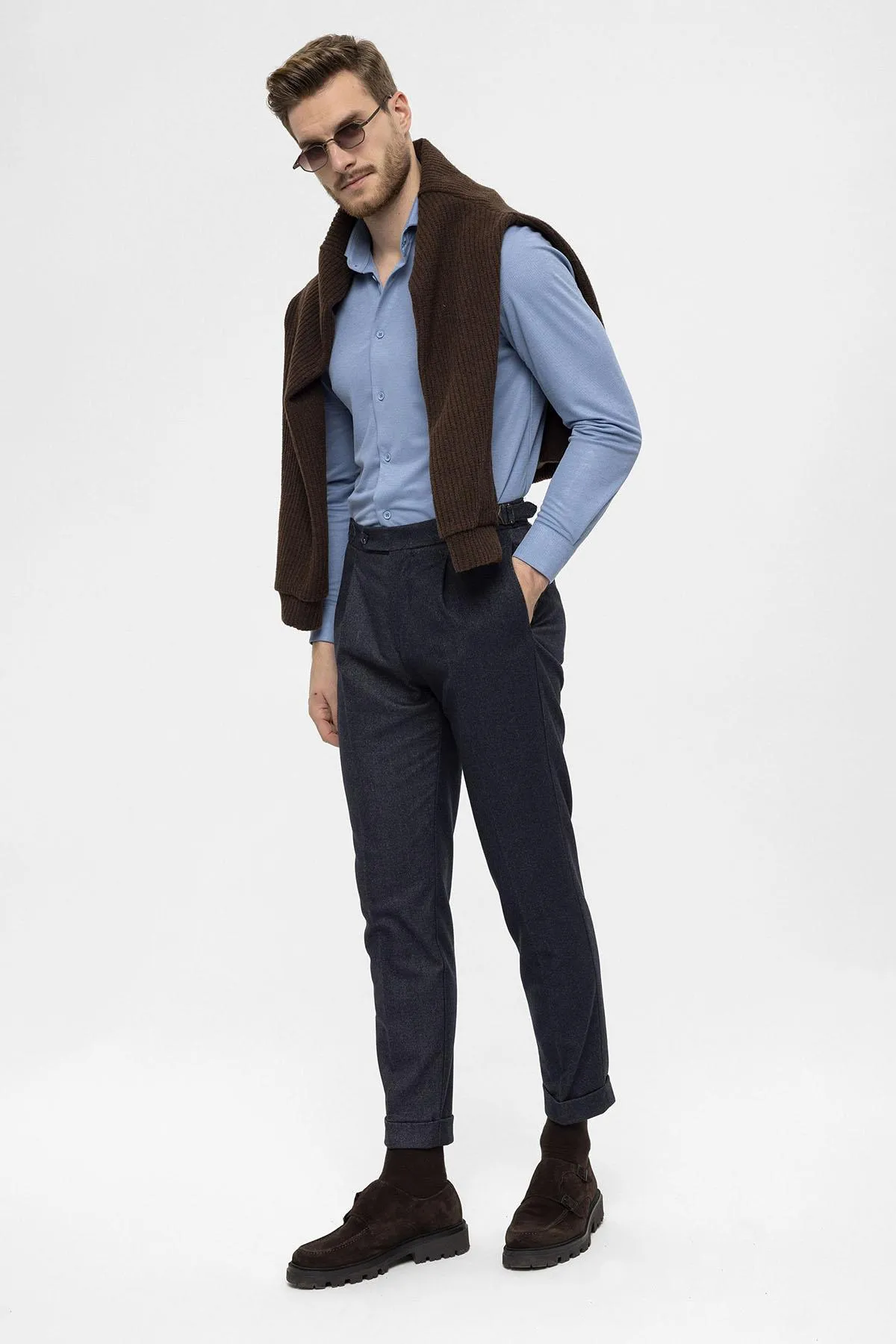 Navy Blue High Waist Pleated Men's Trousers - Wessi sold by Wessi