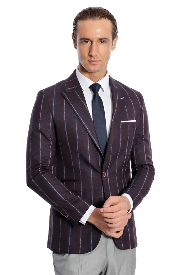 Striped Slim-Fit Burgundy Men Blazer - Wessi sold by Wessi