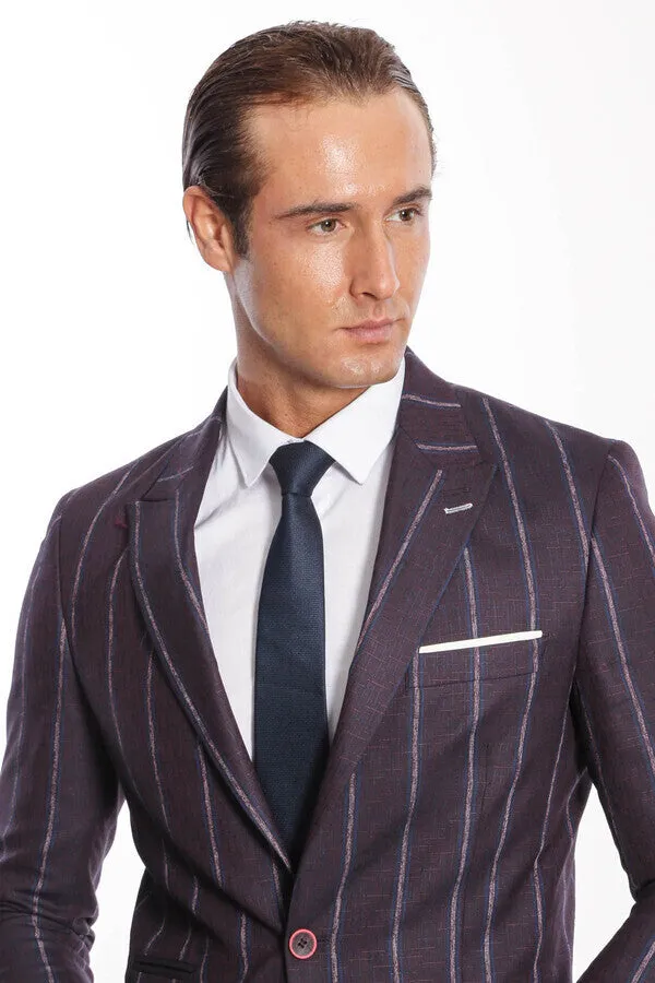 Striped Slim-Fit Burgundy Men Blazer - Wessi sold by Wessi product image thumbnail 2