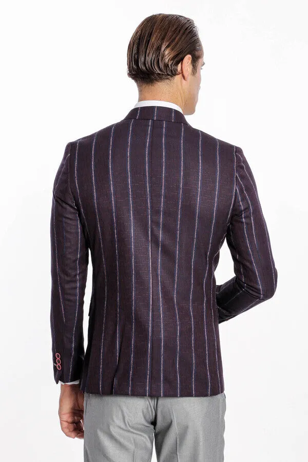 Striped Slim-Fit Burgundy Men Blazer - Wessi sold by Wessi product image thumbnail 4