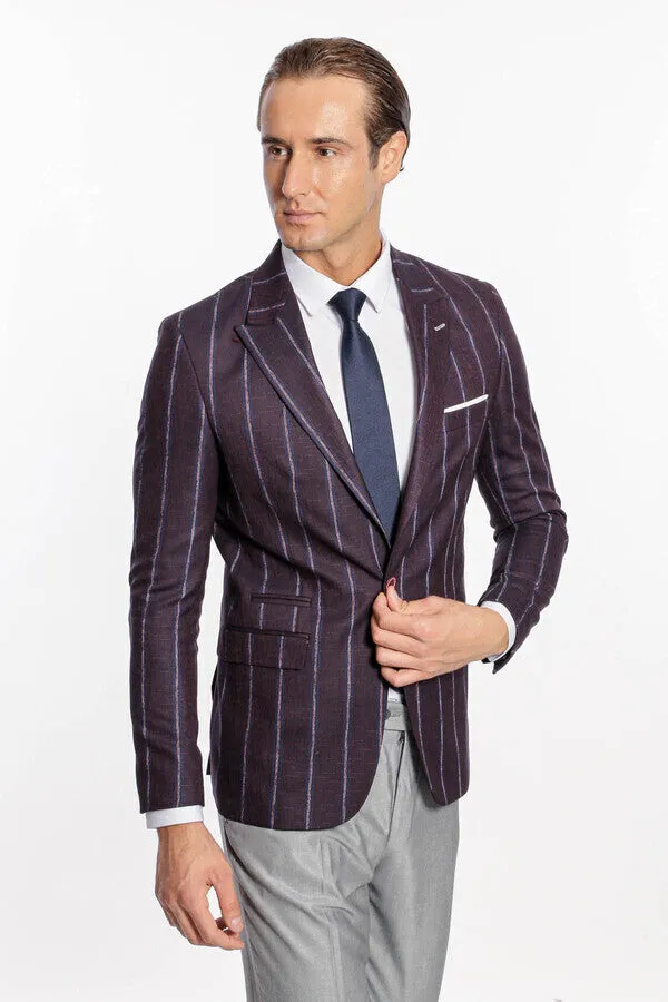 Striped Slim-Fit Burgundy Men Blazer - Wessi sold by Wessi product image thumbnail 5