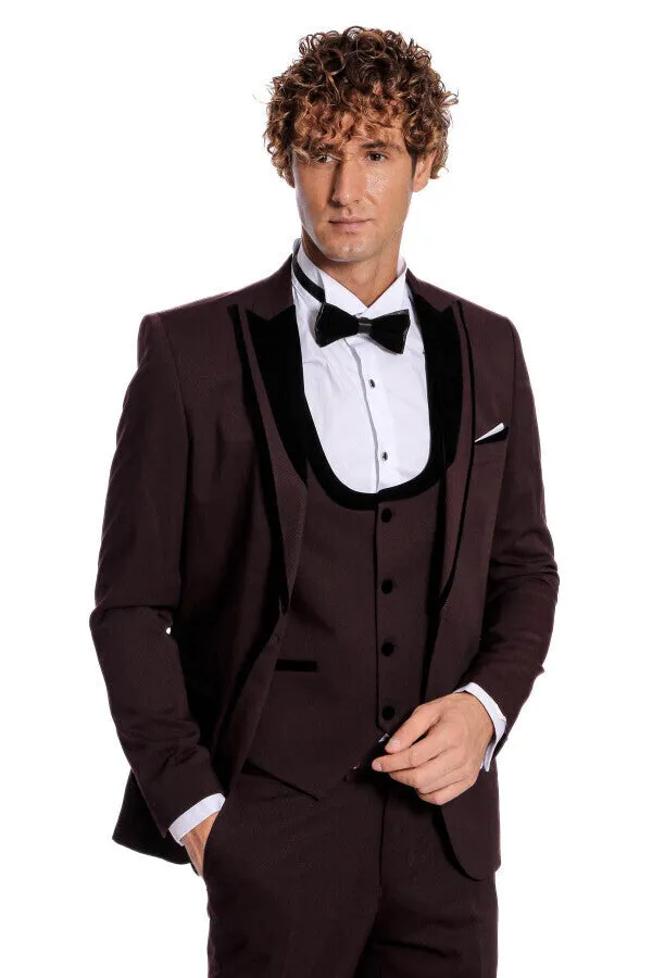 Velvet Lapel Vested Patterned Burgundy Men Tuxedo - Wessi sold by Wessi product image thumbnail 5