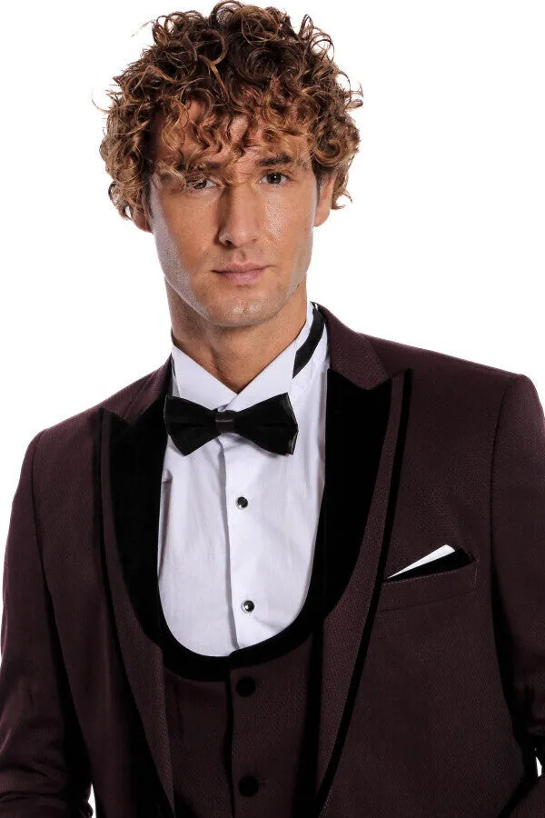 Velvet Lapel Vested Patterned Burgundy Men Tuxedo - Wessi sold by Wessi product image thumbnail 3