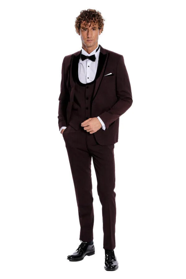 Velvet Lapel Vested Patterned Burgundy Men Tuxedo - Wessi sold by Wessi product image thumbnail 2