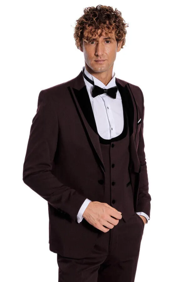 Velvet Lapel Vested Patterned Burgundy Men Tuxedo - Wessi sold by Wessi product image thumbnail 4