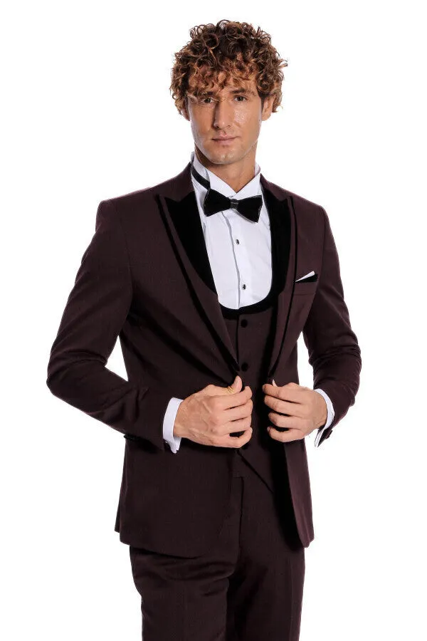 Velvet Lapel Vested Patterned Burgundy Men Tuxedo - Wessi sold by Wessi
