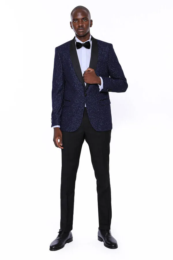 Shawl Lapel Navy Blue Men Sparkly Blazer - Wessi sold by Wessi product image thumbnail 2