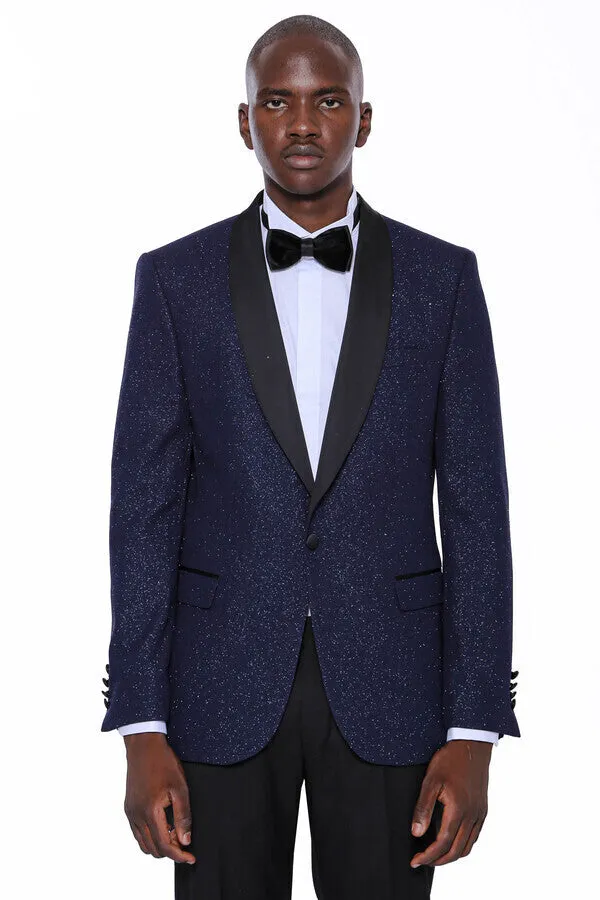 Shawl Lapel Navy Blue Men Sparkly Blazer - Wessi sold by Wessi product image thumbnail 5
