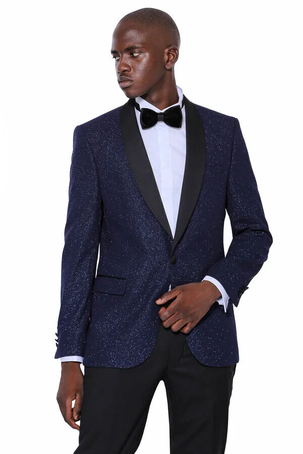 Shawl Lapel Navy Blue Men Sparkly Blazer - Wessi sold by Wessi
