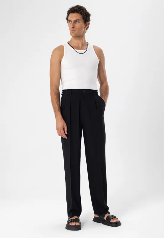 Men's Black Elastic Waist High Waist Pleated  Trousers - Wessi sold by Wessi