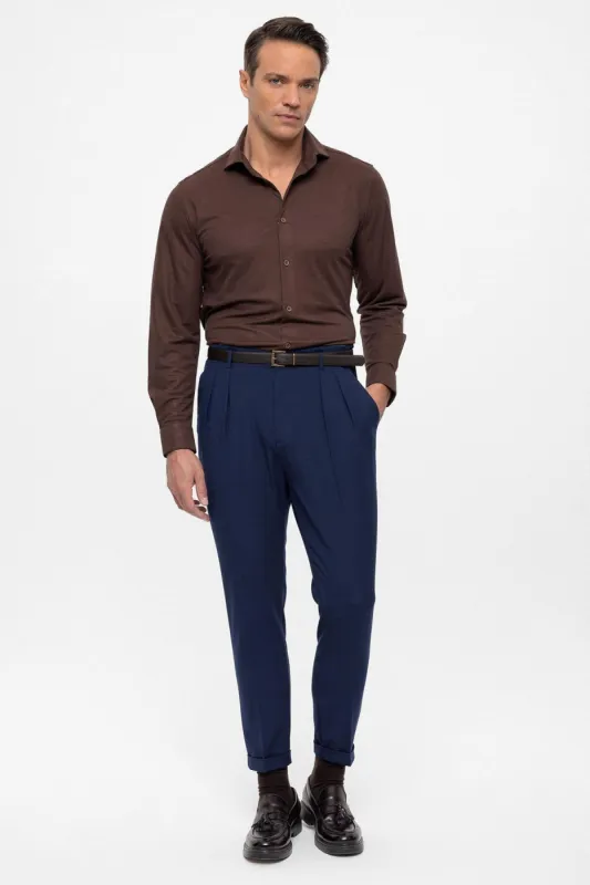 Men's Light Navy Blue High Waist Belted Trousers - Wessi sold by Wessi