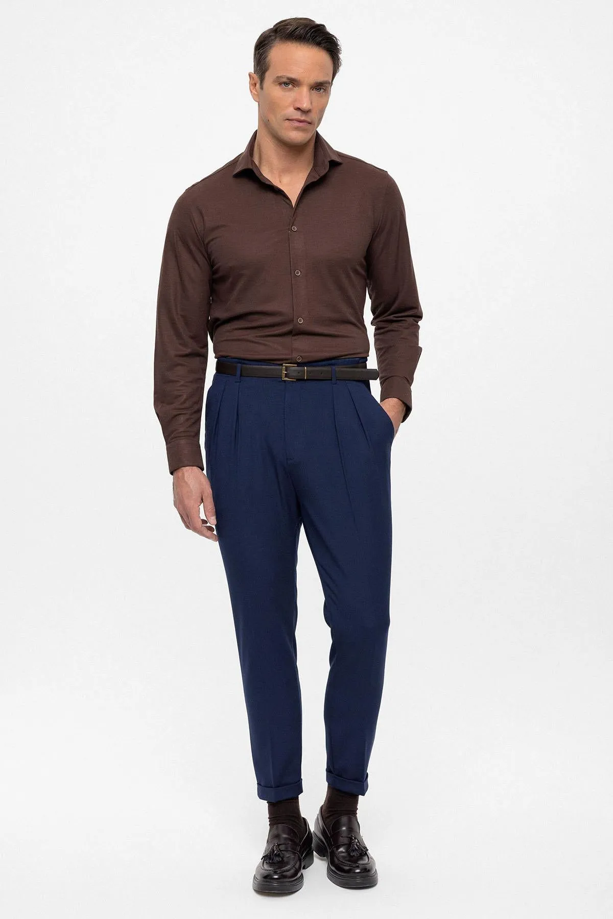 Men's Light Navy Blue High Waist Belted Trousers - Wessi sold by Wessi