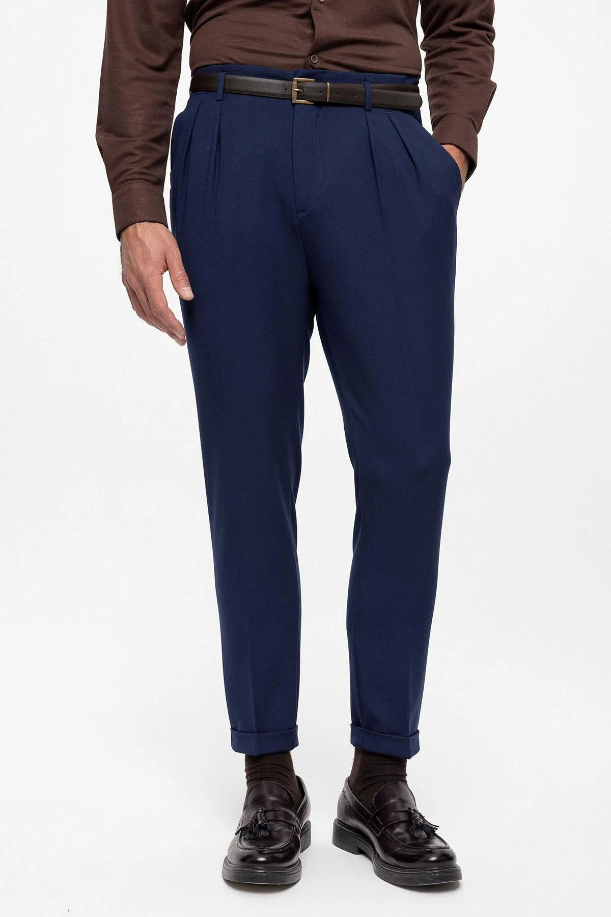 Men's Light Navy Blue High Waist Belted Trousers - Wessi sold by Wessi product image thumbnail 4