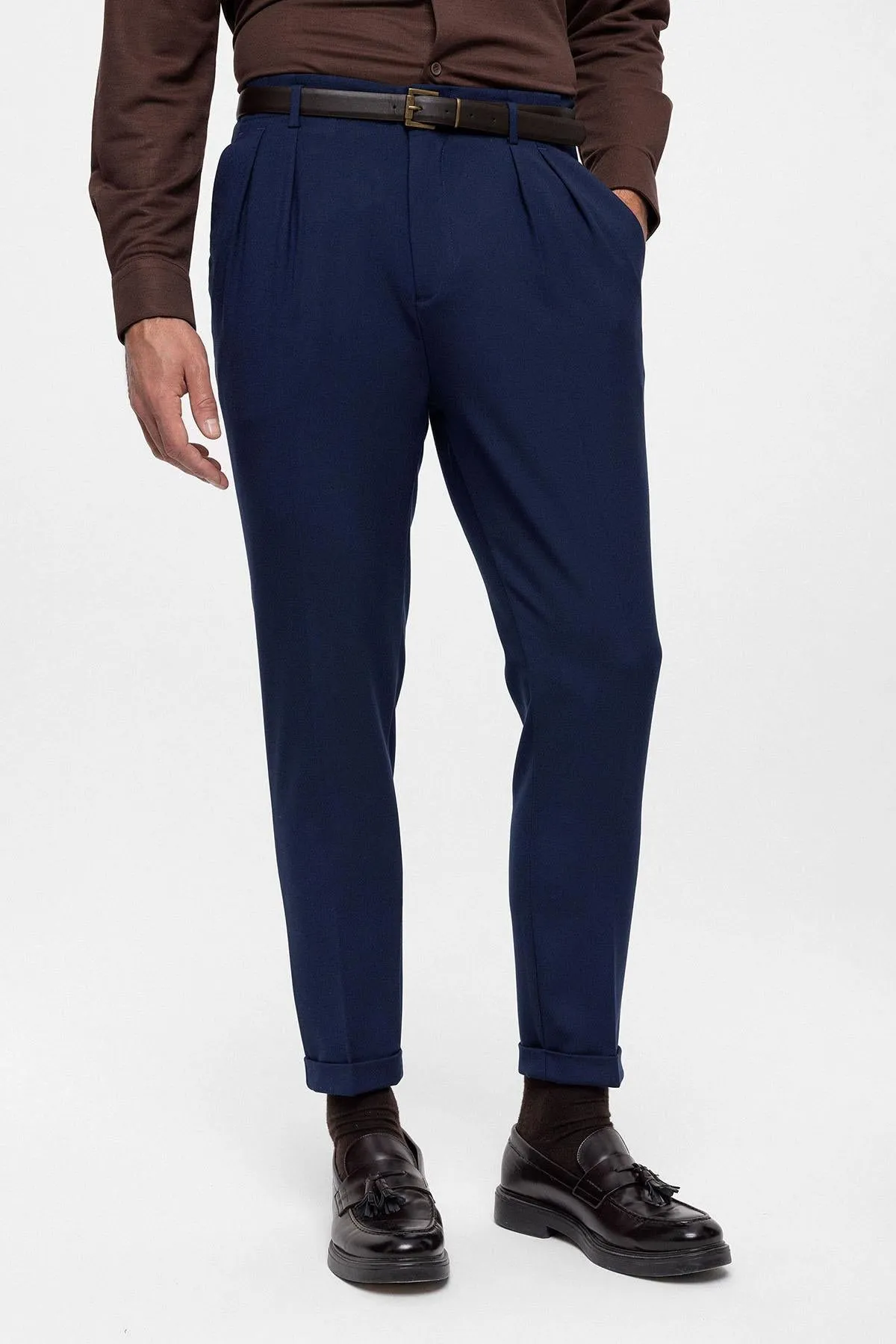 Men's Light Navy Blue High Waist Belted Trousers - Wessi sold by Wessi product image thumbnail 5