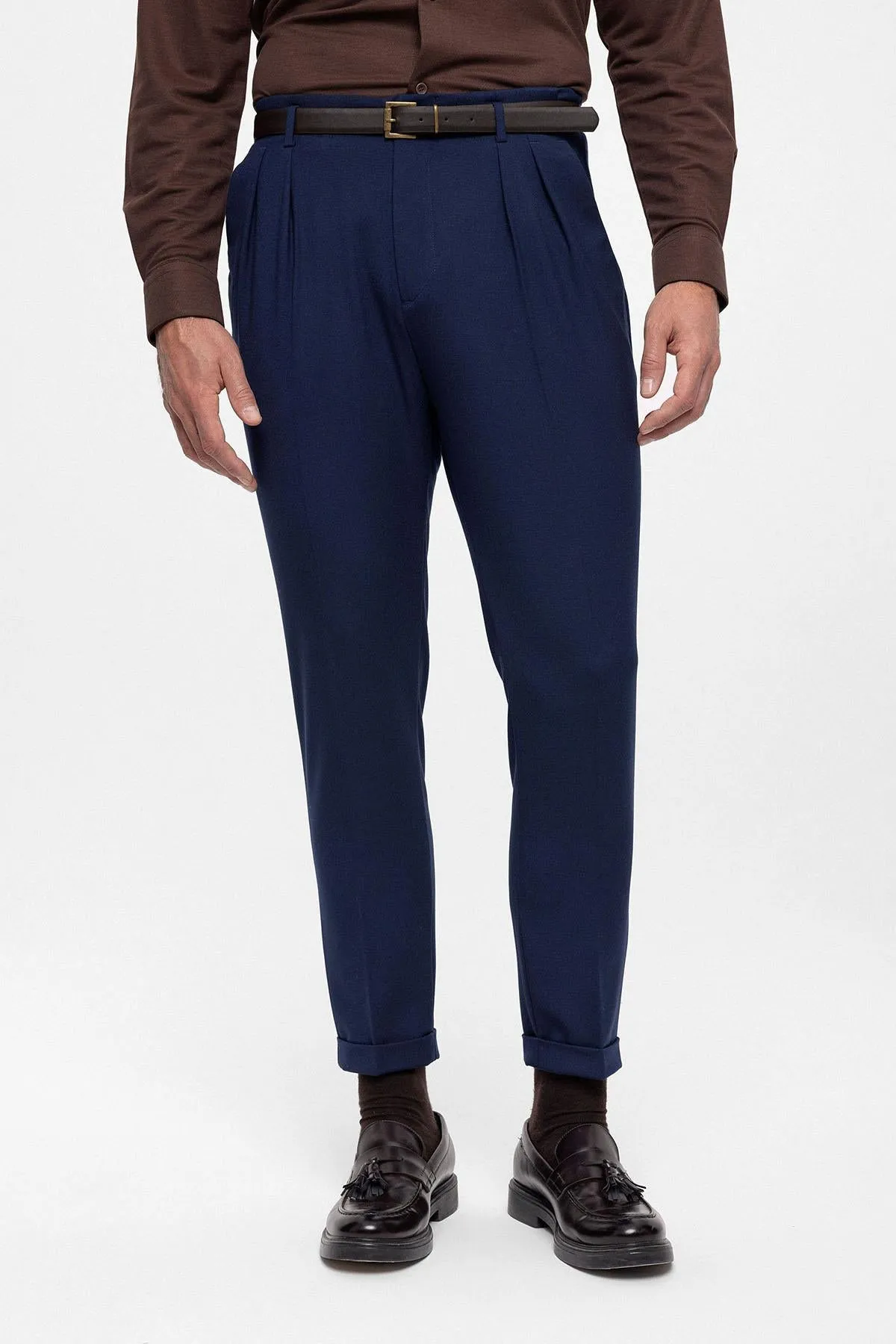 Men's Light Navy Blue High Waist Belted Trousers - Wessi sold by Wessi product image thumbnail 3