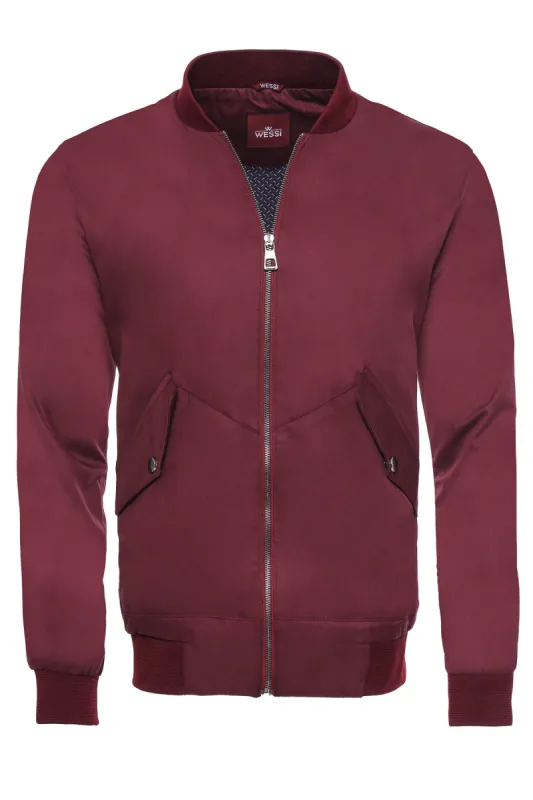 Flap Pockets Zippered Burgundy Men Bomber Coat - Wessi sold by Wessi