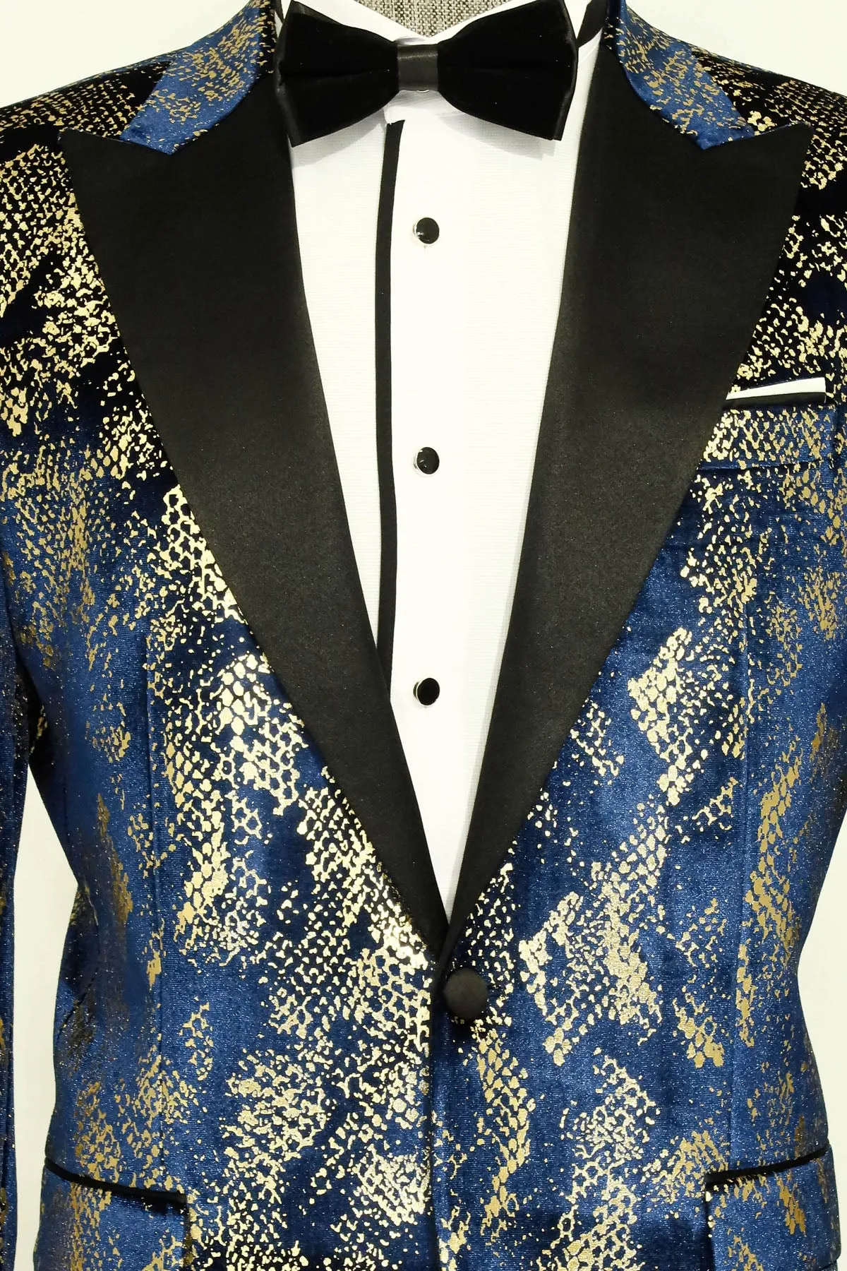 Peak Lapel Slim Fit Gold Patterned Navy Blue Men Party Blazer sold by Wessi product image thumbnail 2