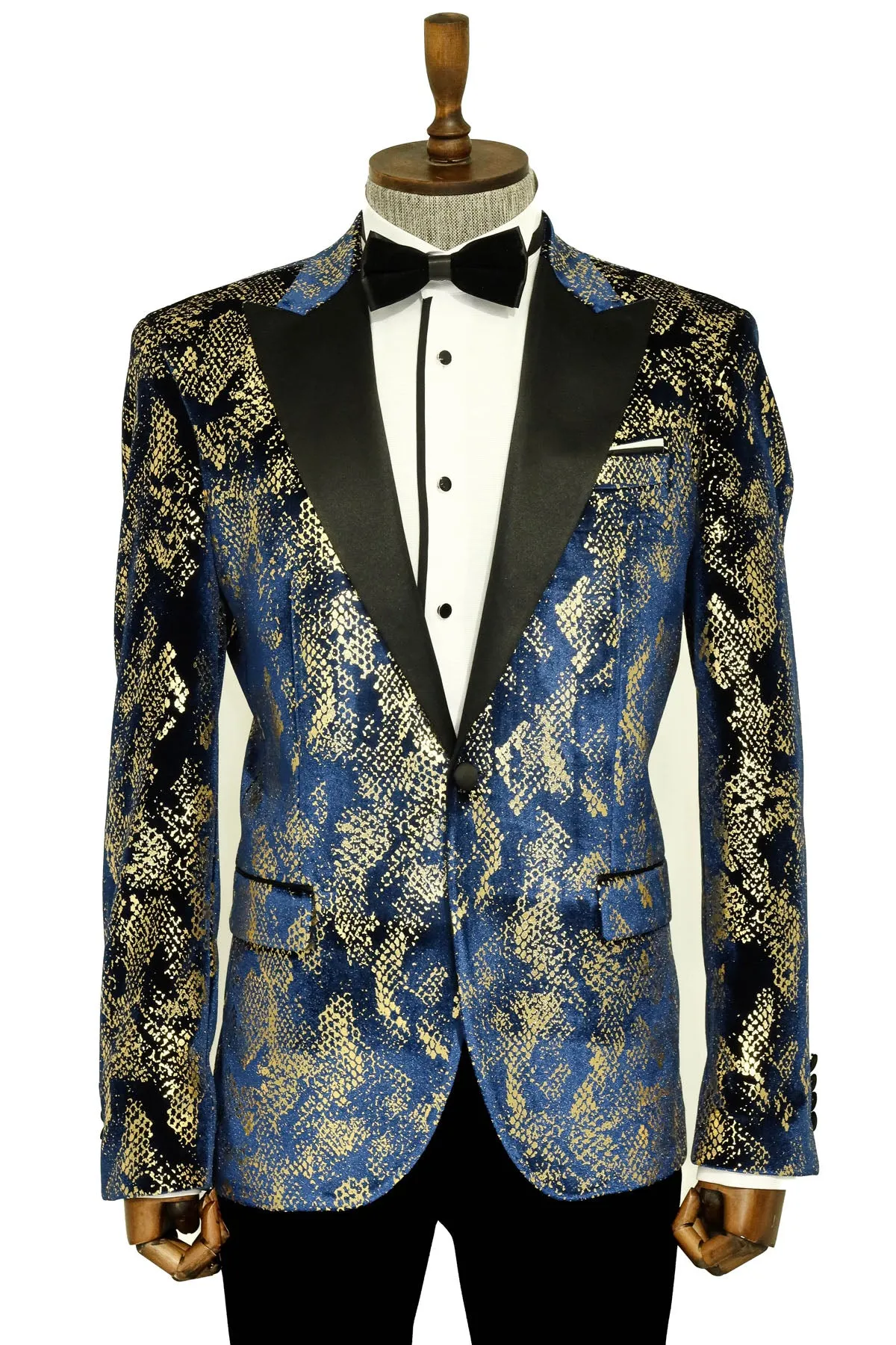 Peak Lapel Slim Fit Gold Patterned Navy Blue Men Party Blazer sold by Wessi