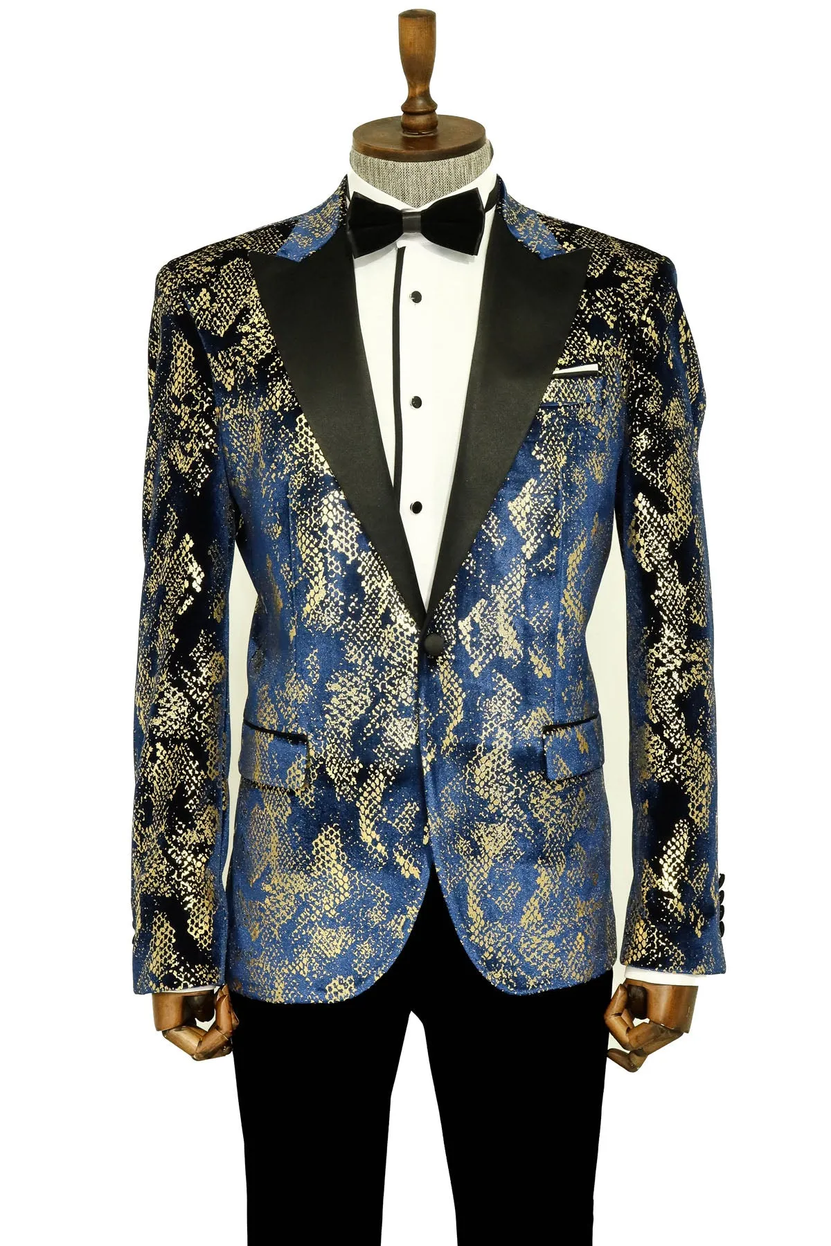 Peak Lapel Slim Fit Gold Patterned Navy Blue Men Party Blazer sold by Wessi product image thumbnail 5