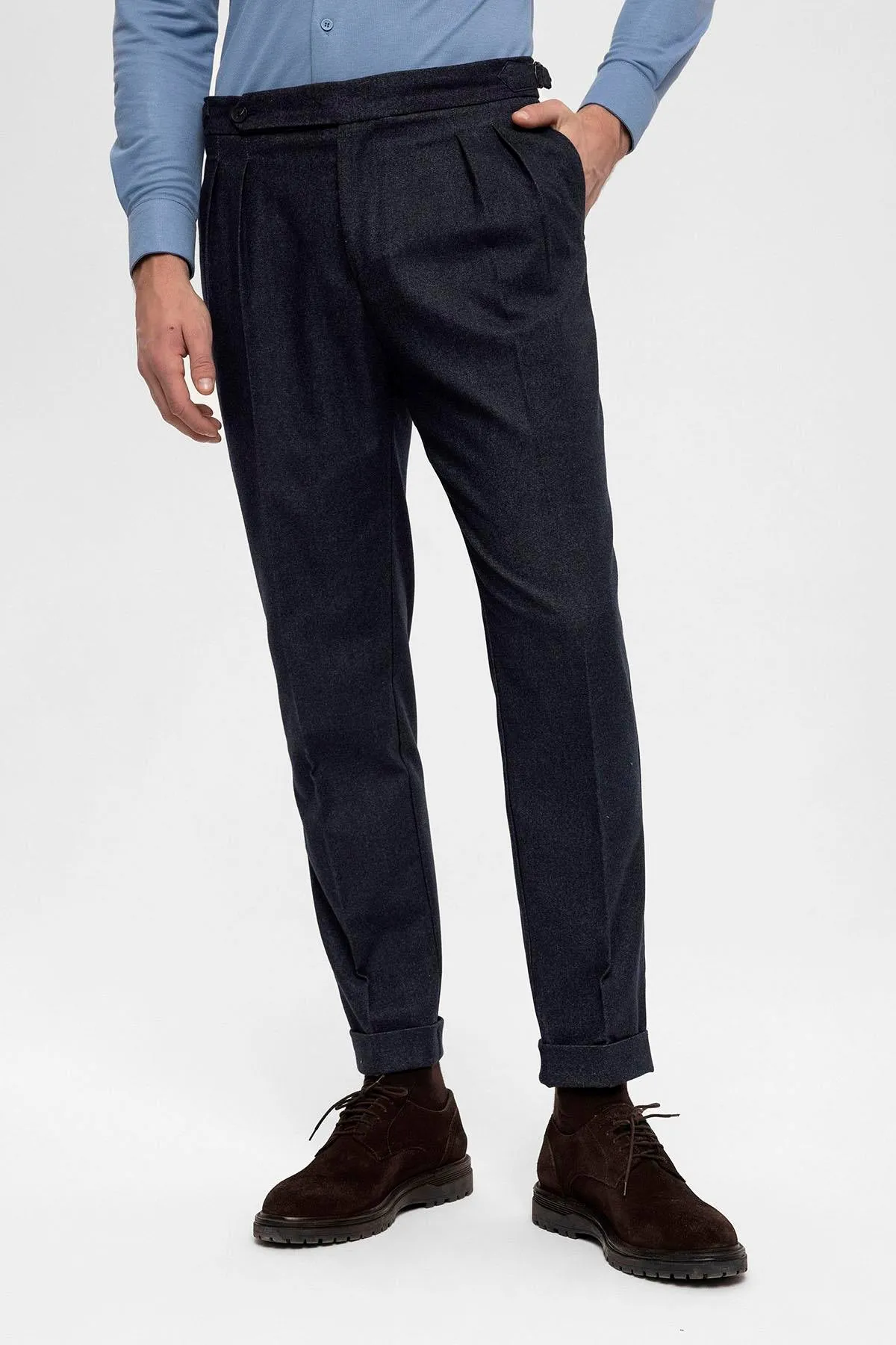 Men's Navy Blue High Waist Double Pleated Trousers - Wessi sold by Wessi product image thumbnail 4