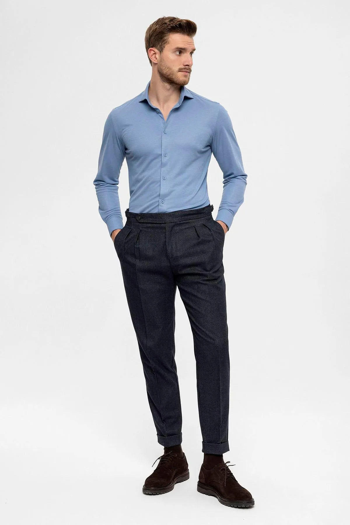 Men's Navy Blue High Waist Double Pleated Trousers - Wessi sold by Wessi