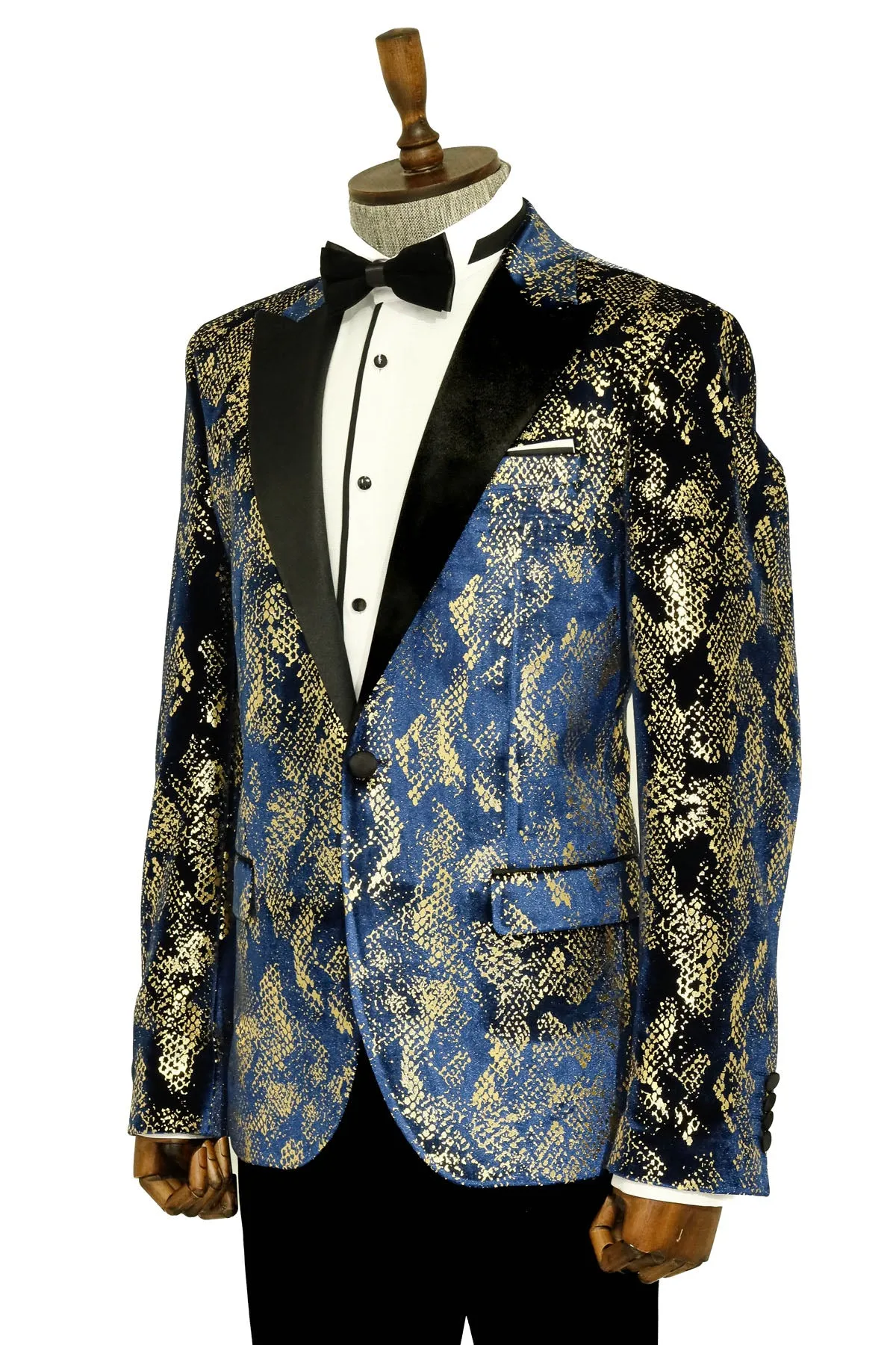 Peak Lapel Slim Fit Gold Patterned Navy Blue Men Party Blazer sold by Wessi product image thumbnail 4