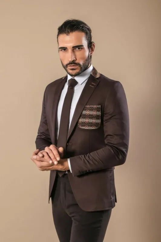 Double Buttons Knit Collar Mono Lapel Brown Jacket-Wessi sold by Wessi