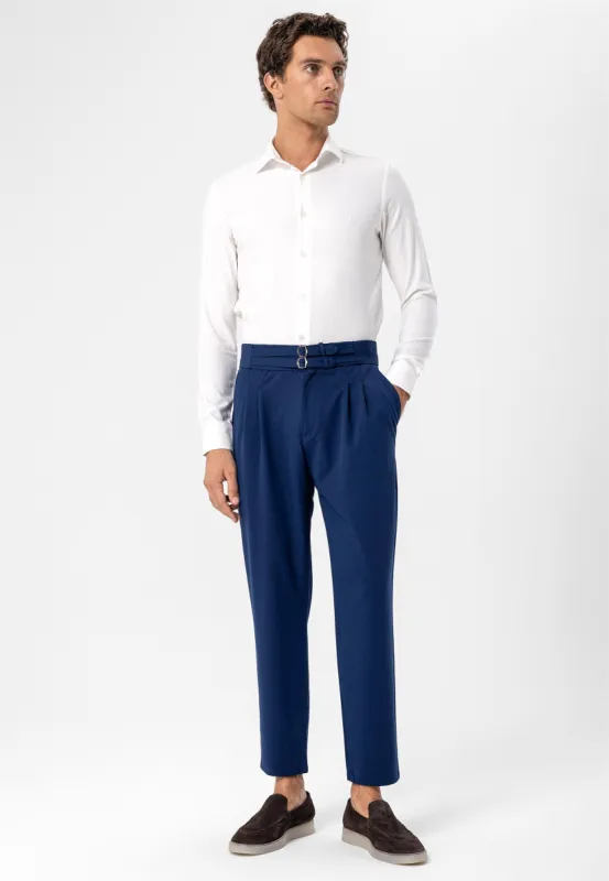 Navy Blue High Waist Buckle Belt Pleated Fabric Trousers - Wessi sold by Wessi