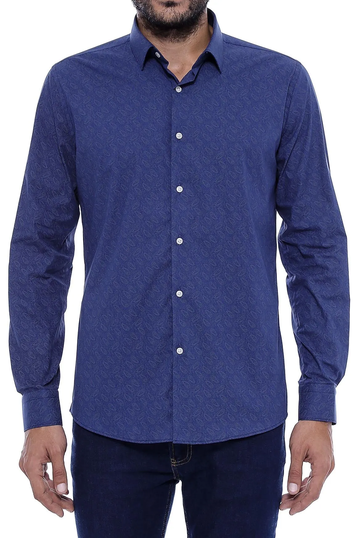Navy Blue Floral Patterned Slim Fit Shirt - Wessi sold by Wessi product image thumbnail 2