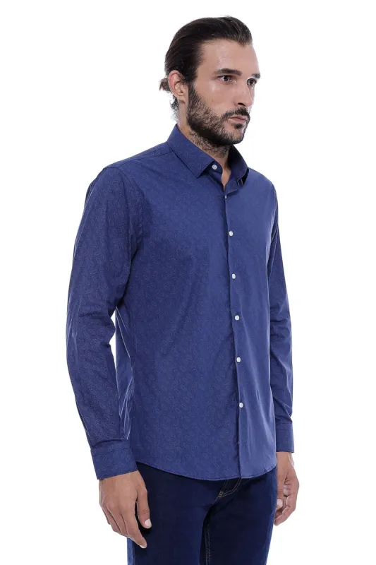 Navy Blue Floral Patterned Slim Fit Shirt - Wessi sold by Wessi