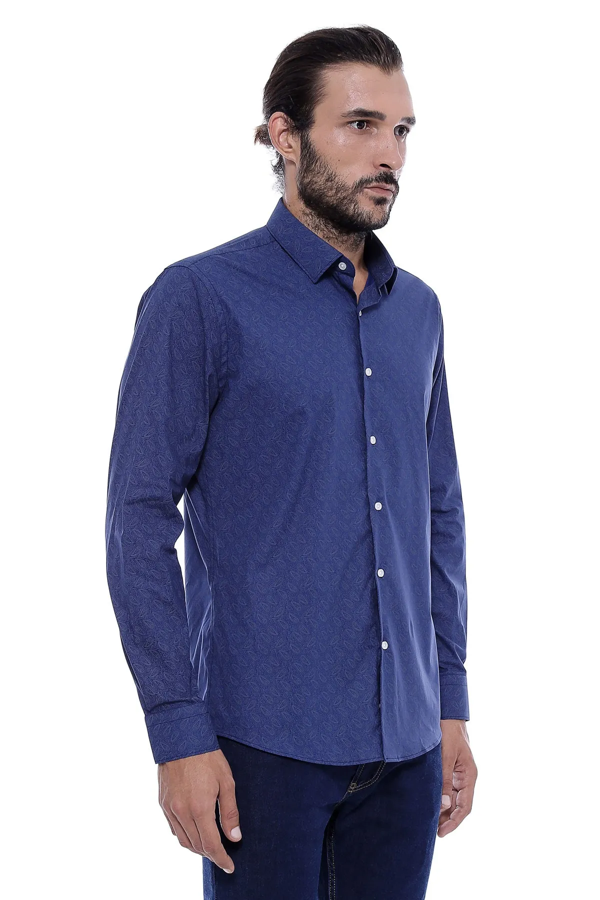 Navy Blue Floral Patterned Slim Fit Shirt - Wessi sold by Wessi