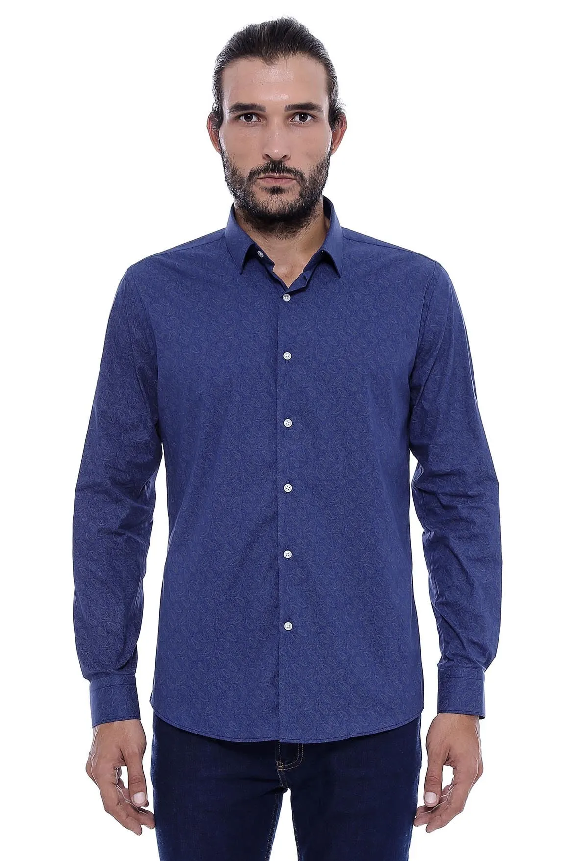 Navy Blue Floral Patterned Slim Fit Shirt - Wessi sold by Wessi product image thumbnail 3