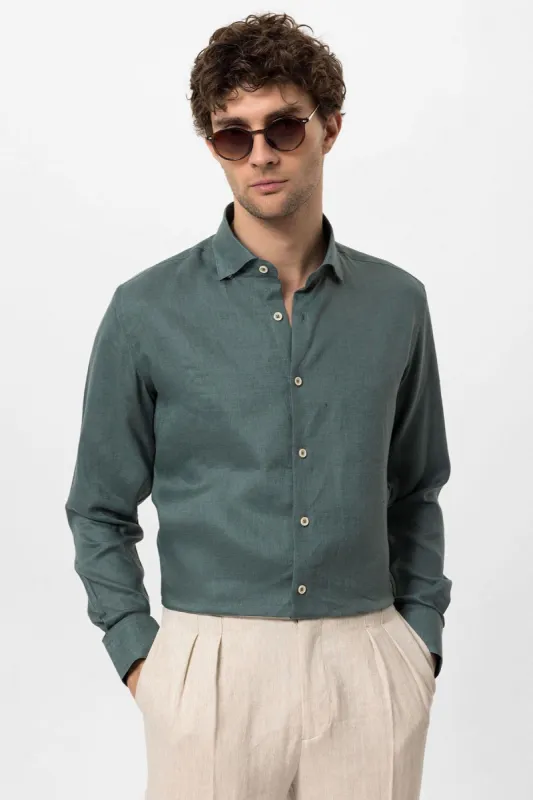 Men's Green Collar Button Detail 100% Linen  Shirt - Wessi sold by Wessi