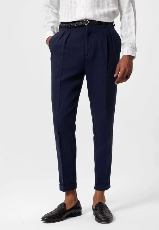 Men's Navy Blue High-Waist Belted Pleated Pants - Wessi sold by Wessi