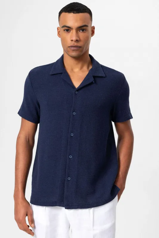 Navy Blue Camp Collar Knitted Textured Men's Shirt - Wessi sold by Wessi