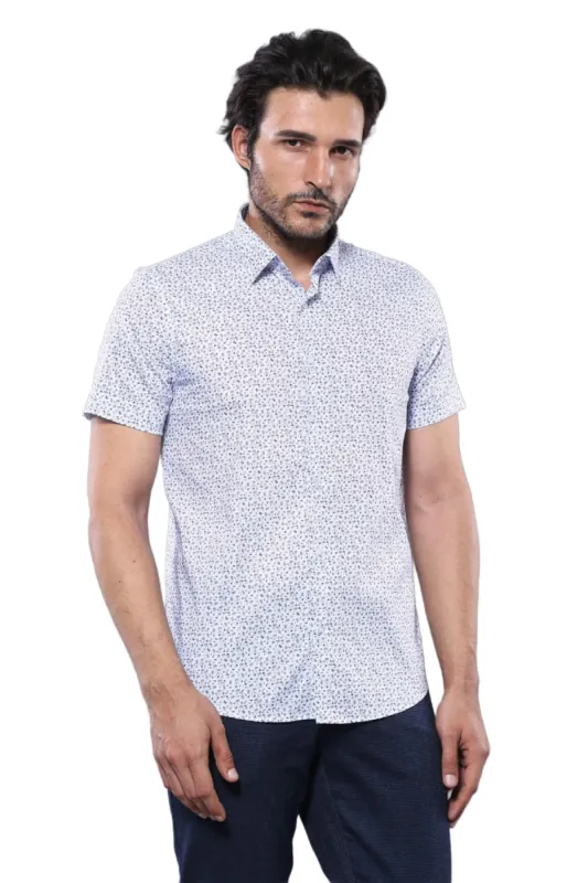 Blue Floral Patterned Short Sleeve White Men Shirt - Wessi sold by Wessi