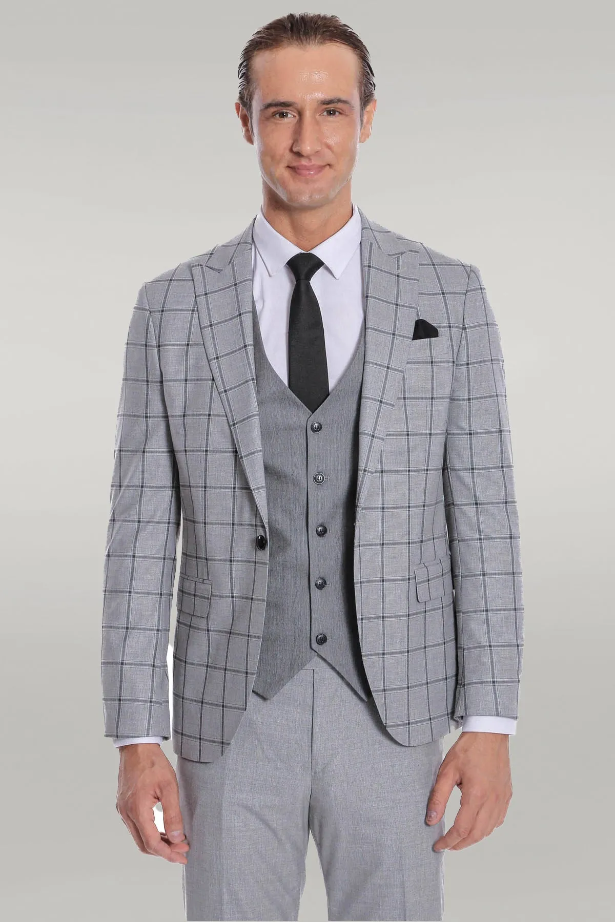 Checked Patterned Slim Fit Grey Men Suit - Wessi sold by Wessi product image thumbnail 3