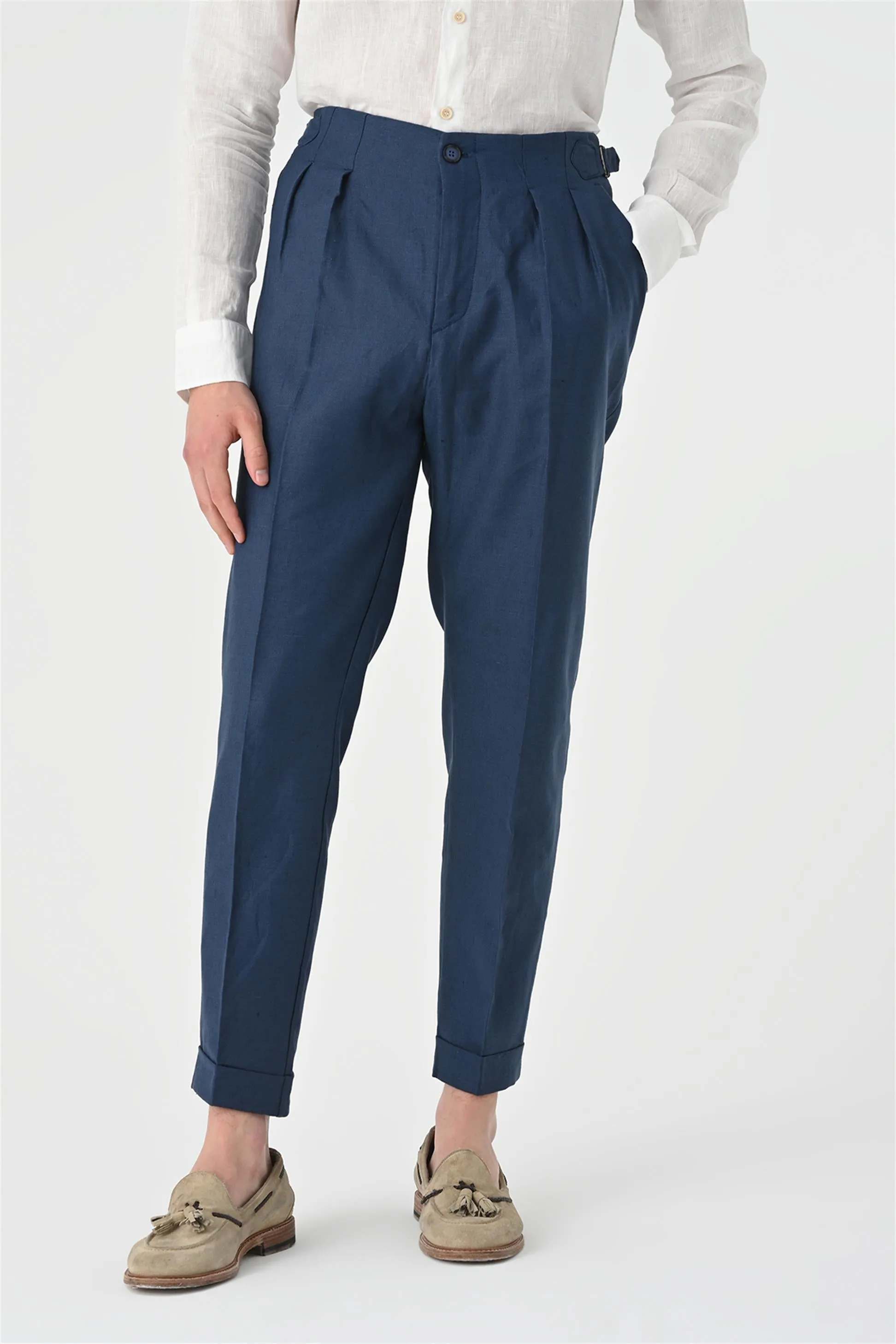 Men's Indigo High Waist Pleated Linen Trousers - Wessi sold by Wessi product image thumbnail 4