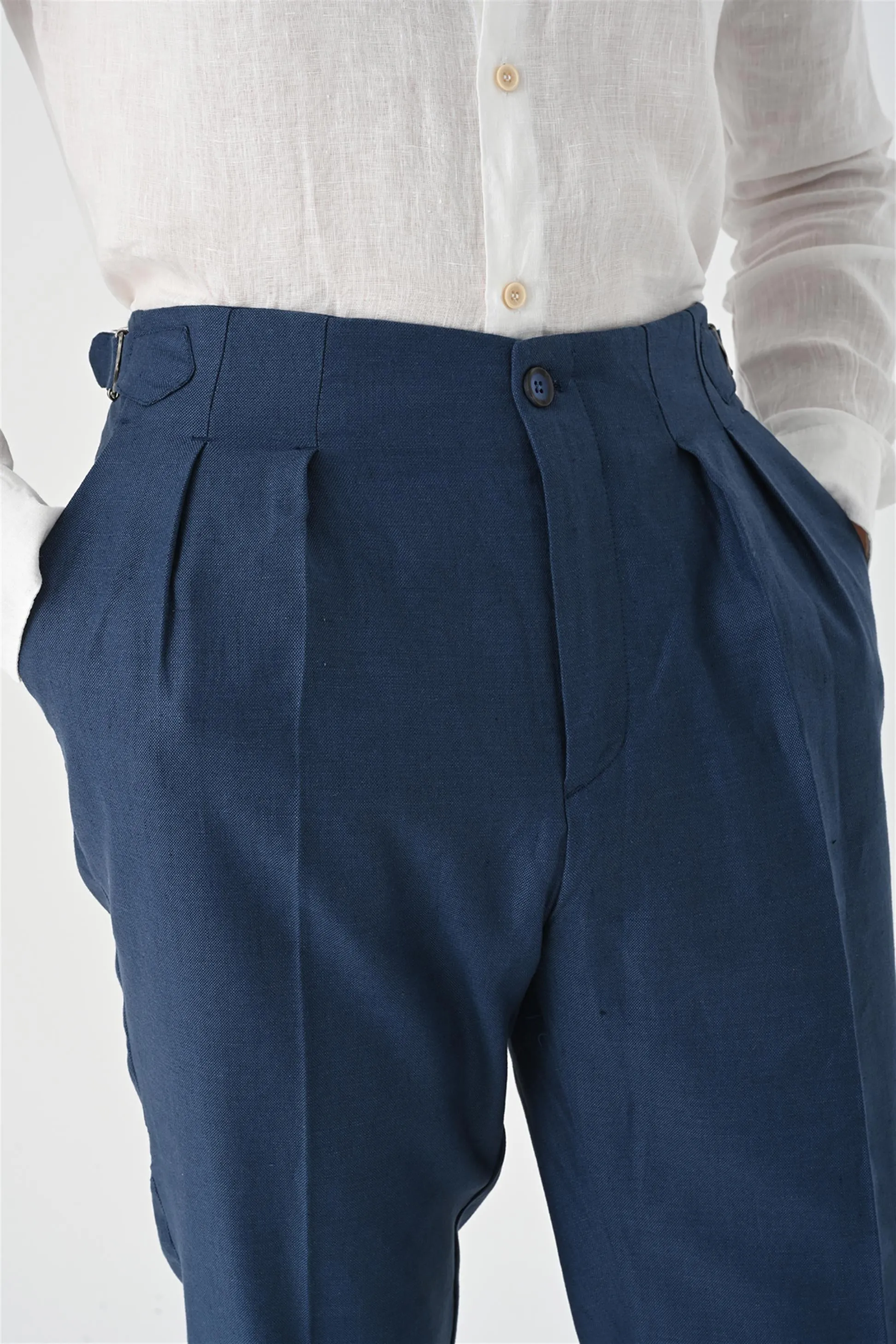 Men's Indigo High Waist Pleated Linen Trousers - Wessi sold by Wessi product image thumbnail 5