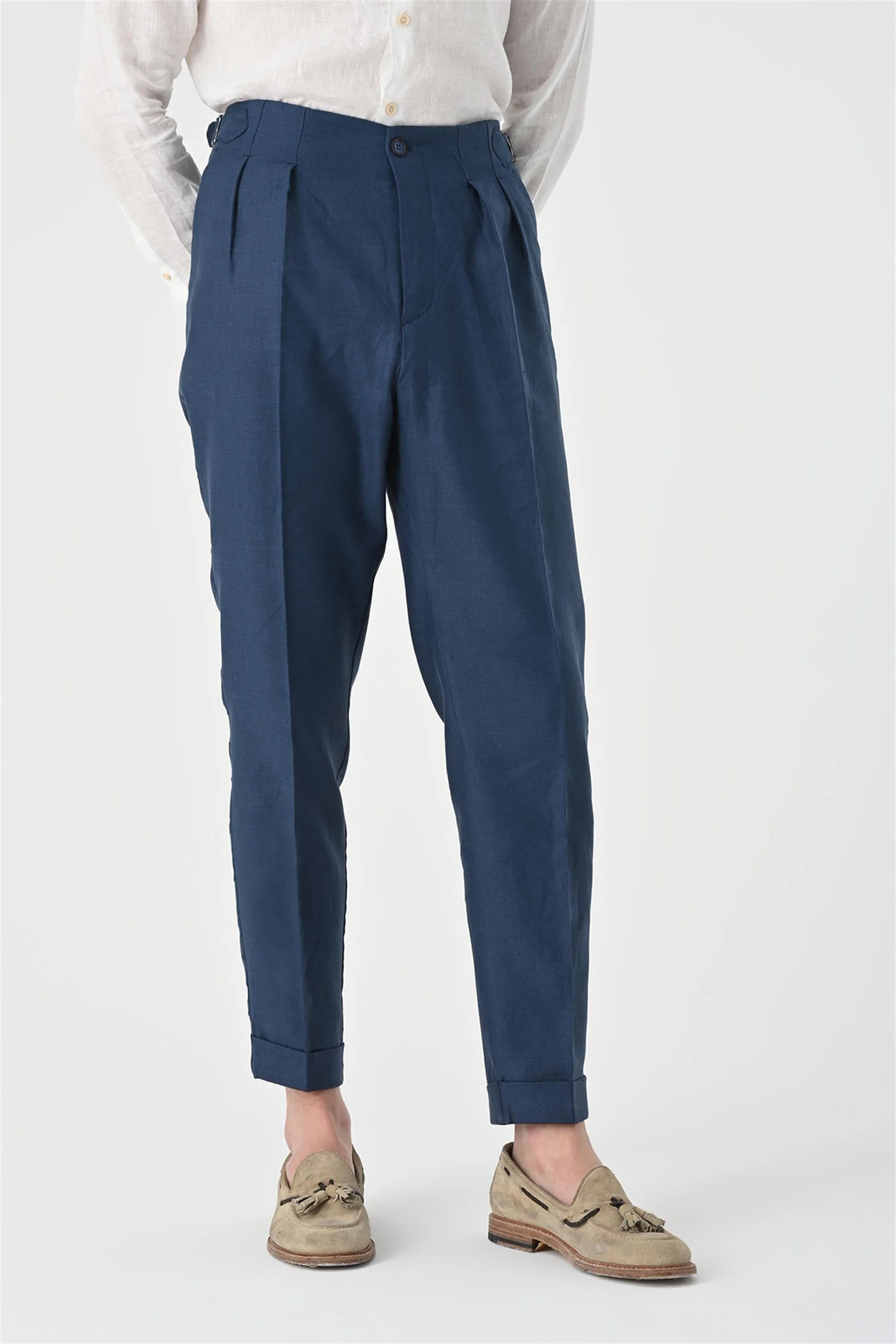 Men's Indigo High Waist Pleated Linen Trousers - Wessi sold by Wessi product image thumbnail 2