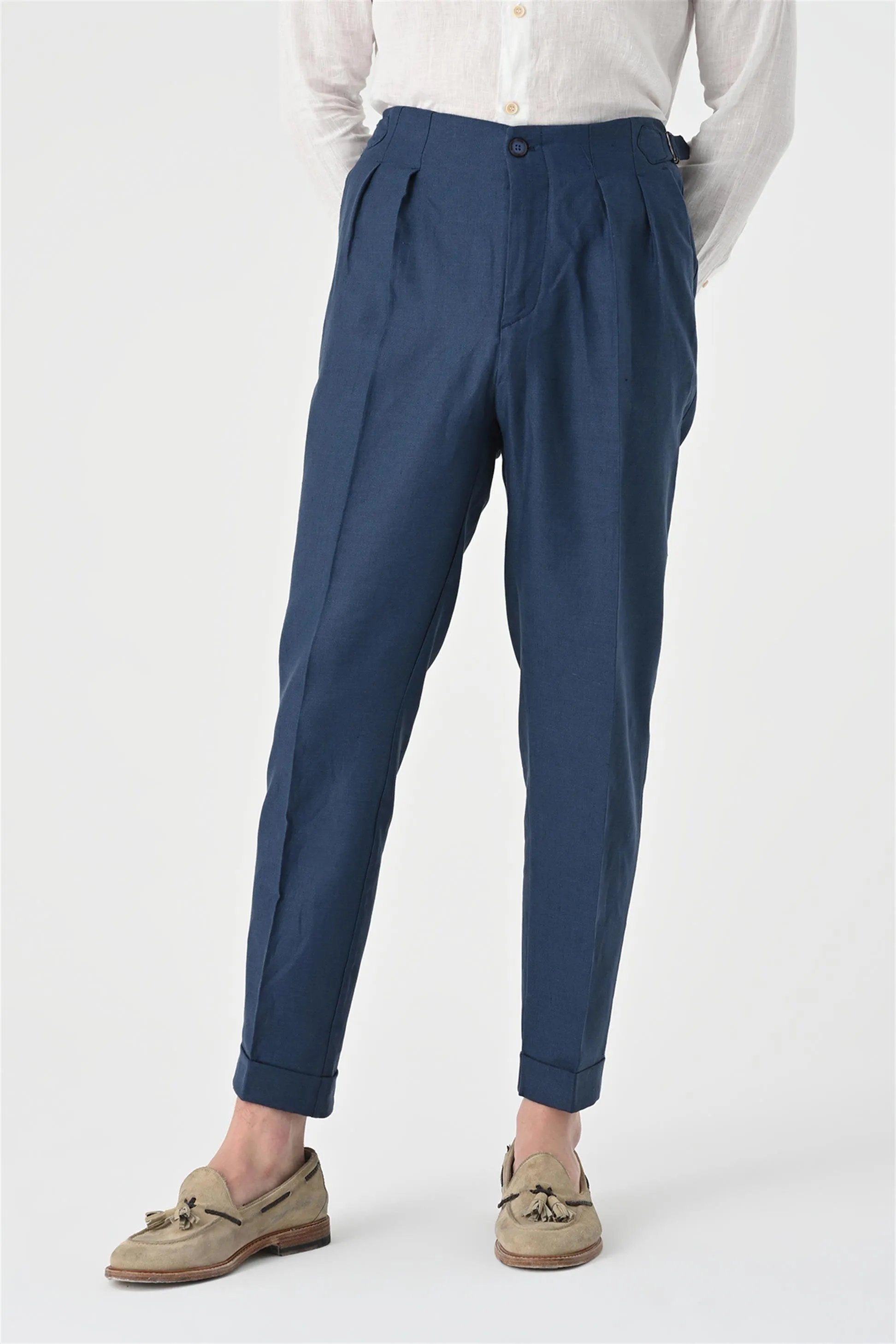 Men's Indigo High Waist Pleated Linen Trousers - Wessi sold by Wessi product image thumbnail 3