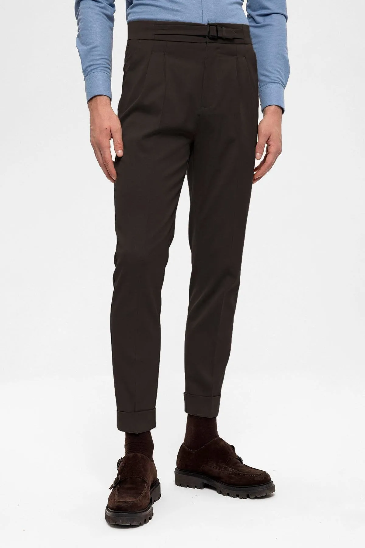 Men's Brown High Waist Buckle Detailed Trousers - Wessi sold by Wessi product image thumbnail 2